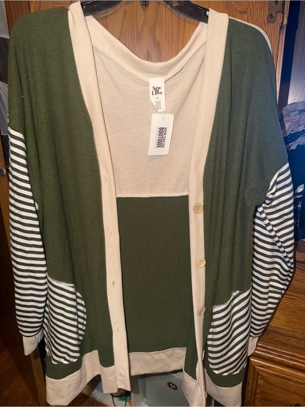 Sew In Love Olive & Cream Striped-Sleeve Button Cardigan